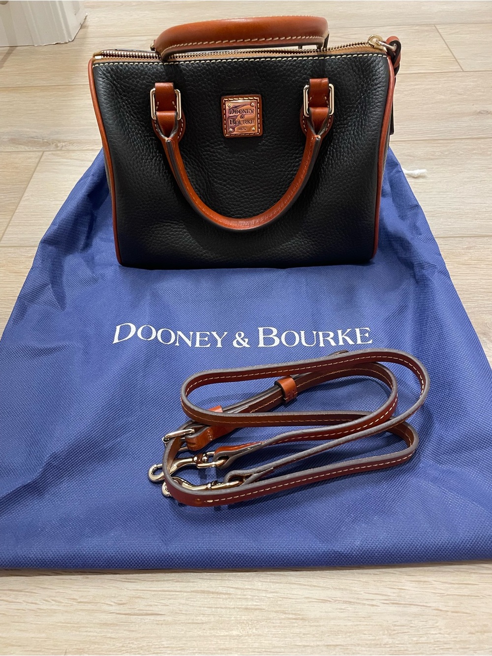 Dooney & Bourke Vintage Black Pebbled Leather Bag with Brown Trim